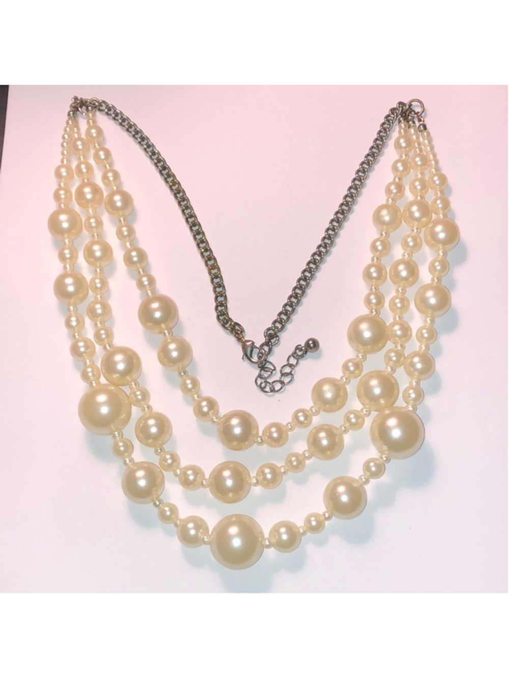 Silver Tone Faux Pearl Multi Strand Boho Statement Necklace